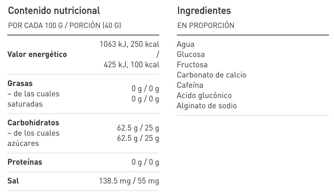 Valores nutricionales Maurten 100 GEL 100 CAF
